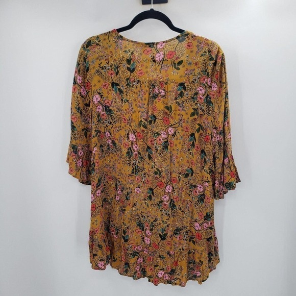 I The Wild Floral Cardigan Womens Medium Mustard Yellow Boho Peasant Tie Front - Picture 3 of 12